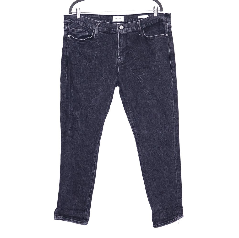 FRAME Le Garçon Straight Ankle Jeans Edgy Black Mid Rise Crinkle Women's 32